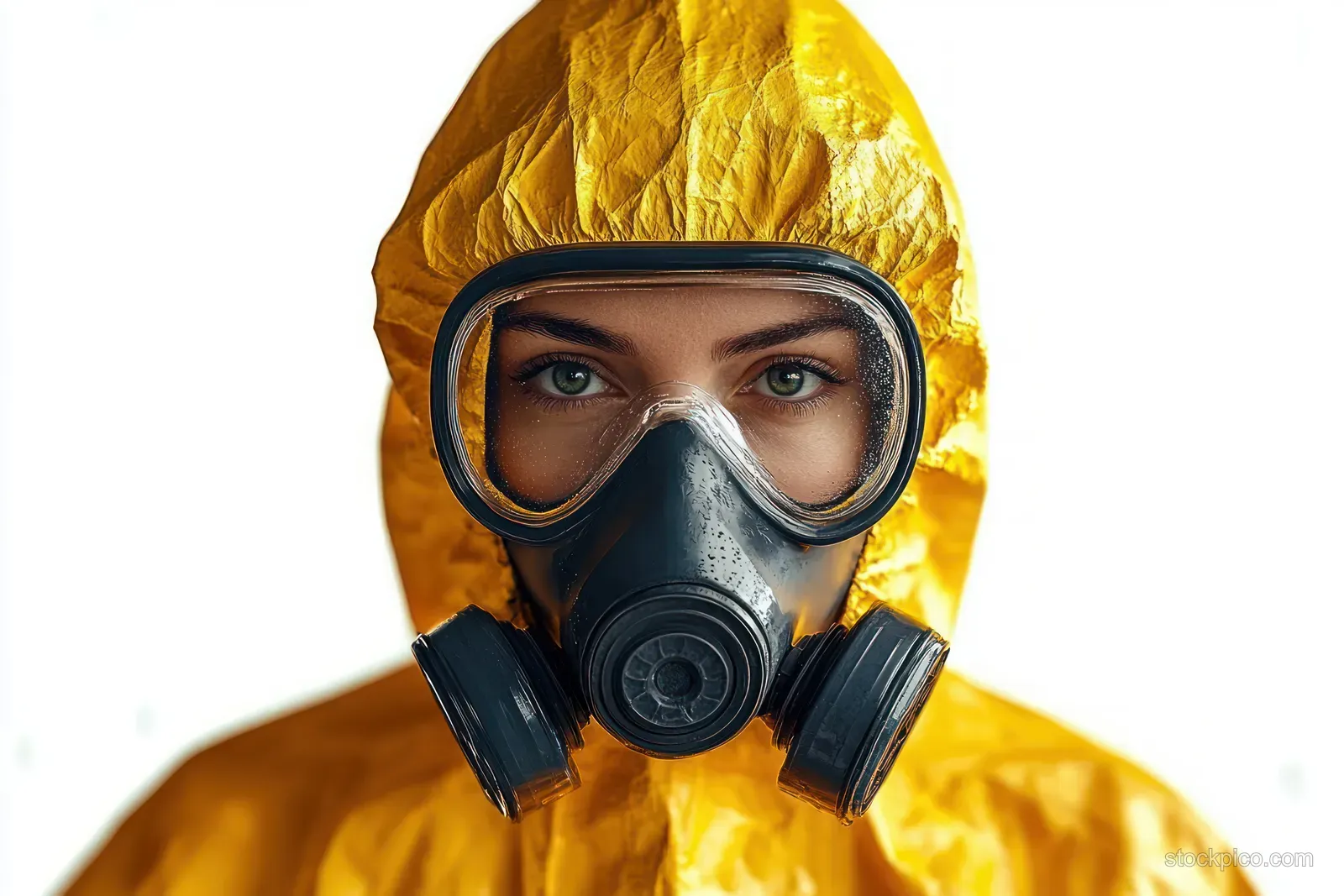 A hazmat worker in a yellow suit and black gas mask with clear goggles stands against a white background.