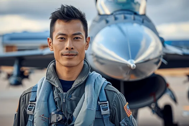 Asian fighter jet pilot stands on an airfield in a flight suit with a parked jet blurred behind him.