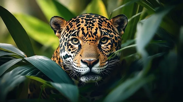 Jaguar close-up peering through lush tropical leaves with intense focused eyes