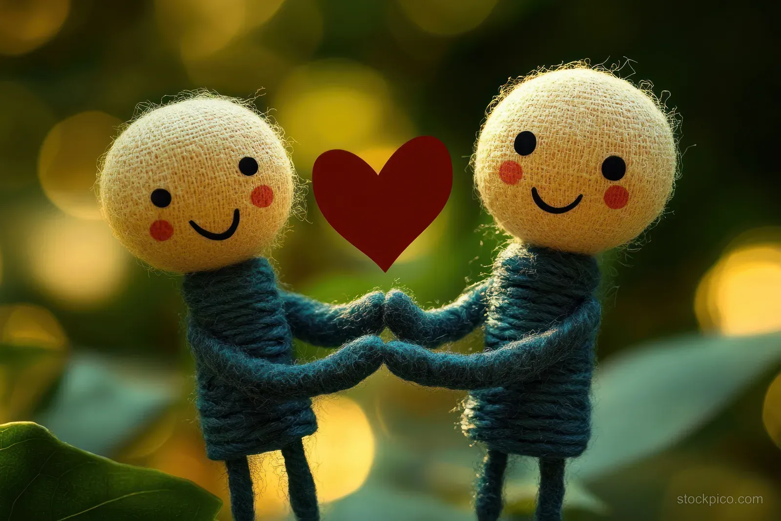 Two smiling yarn dolls hold hands with a red heart symbol between them against a warm, blurred bokeh background.