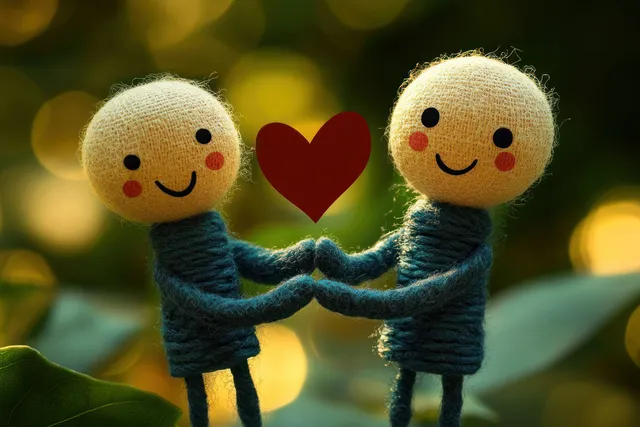 Two smiling yarn dolls hold hands with a red heart symbol between them against a warm, blurred bokeh background.