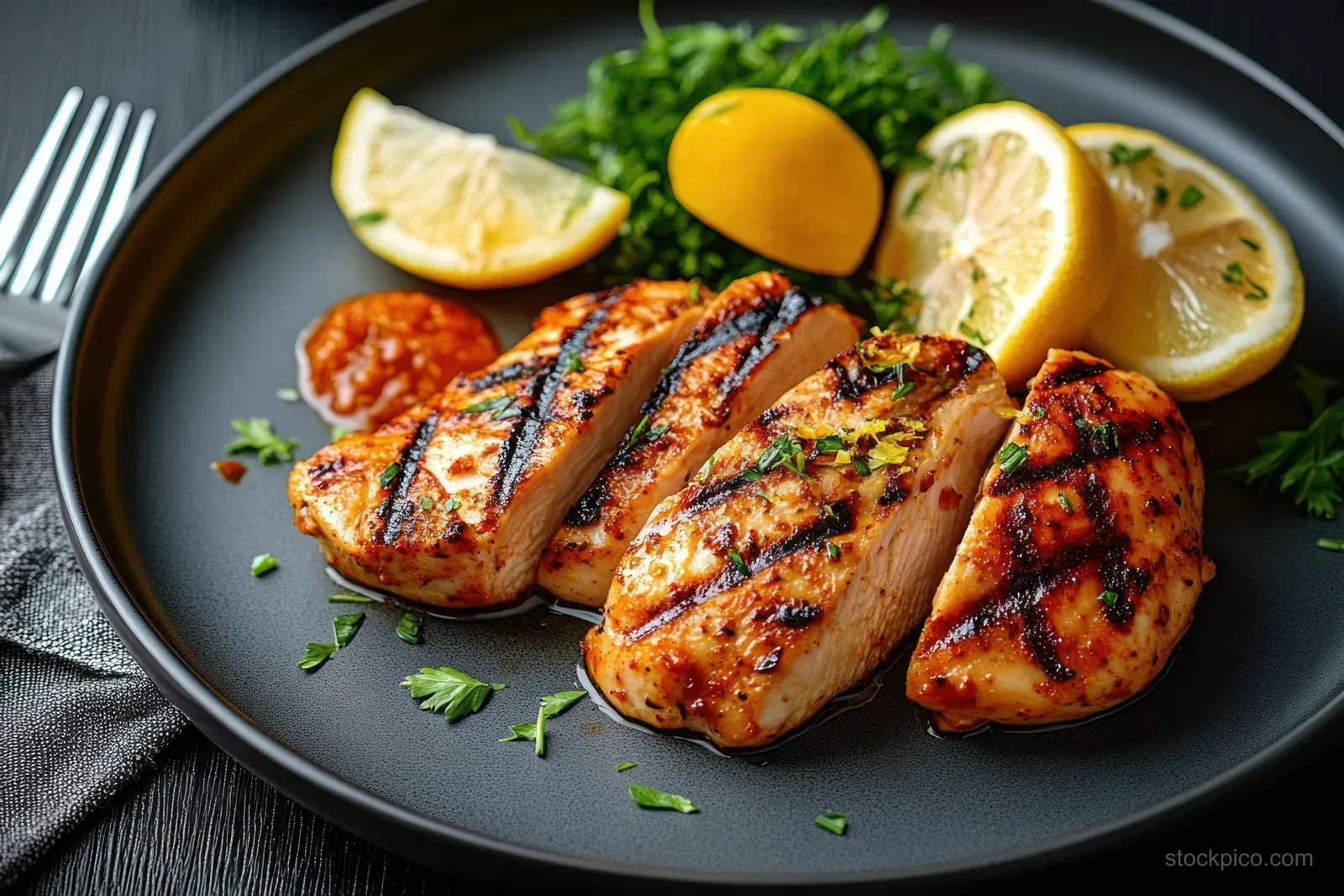 Grilled chicken breast pieces on a dark plate with lemon wedges and fresh herb garnish.