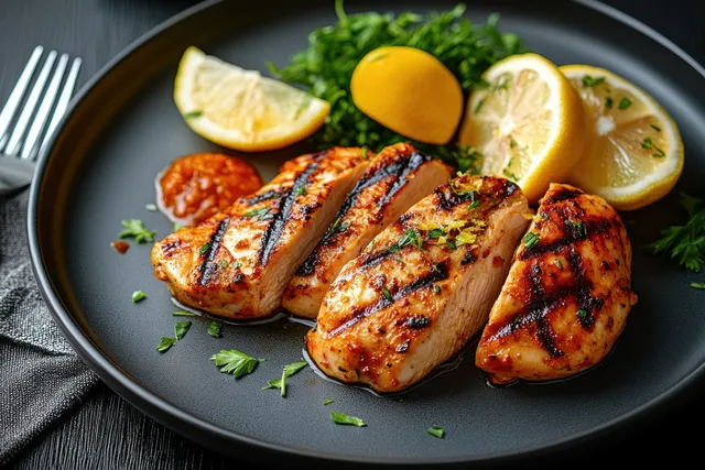 Grilled chicken breast on dark plate with lemon wedges and herb garnish, close-up