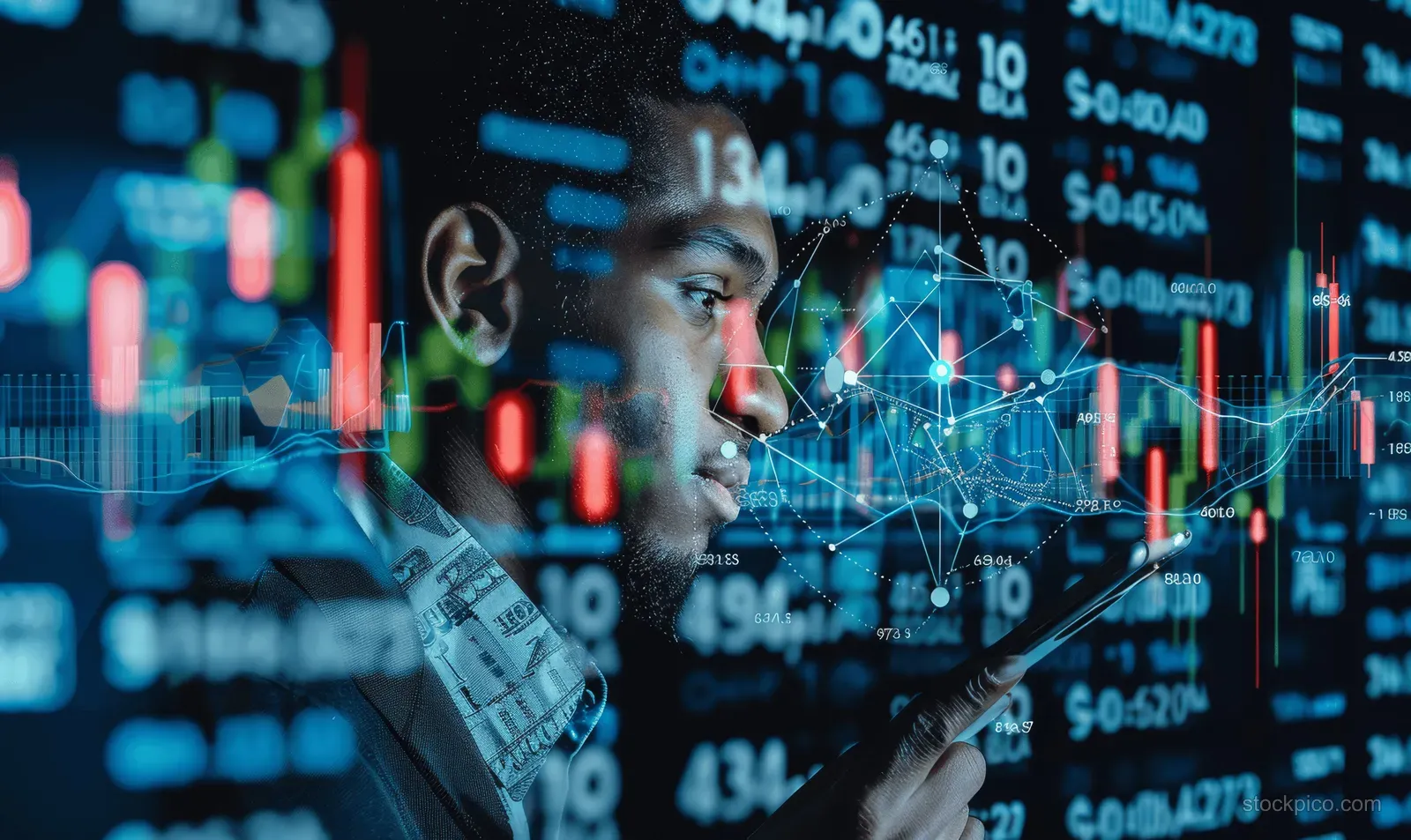 A businessman checks a mobile phone currency exchange chart with world map financial overlays in the background.