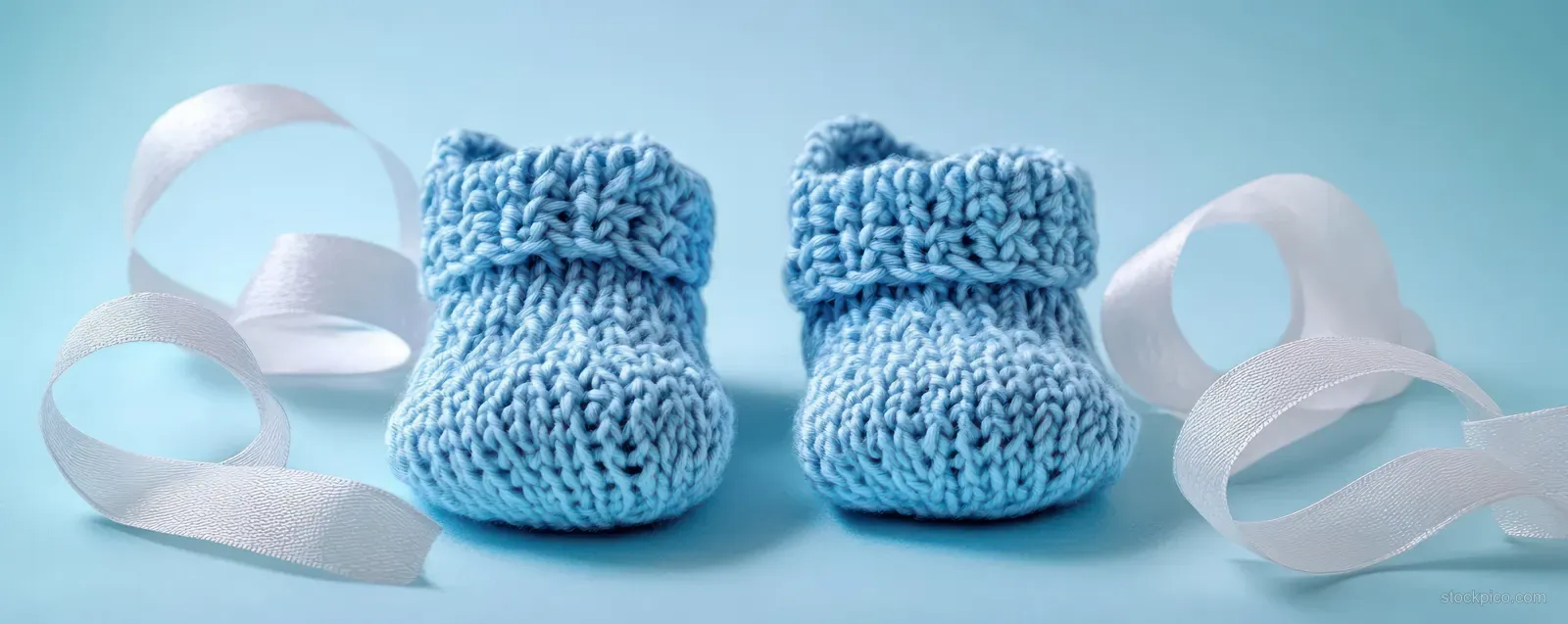 Pastel blue knitted baby shoes with white ribbon loops on a soft blue background.