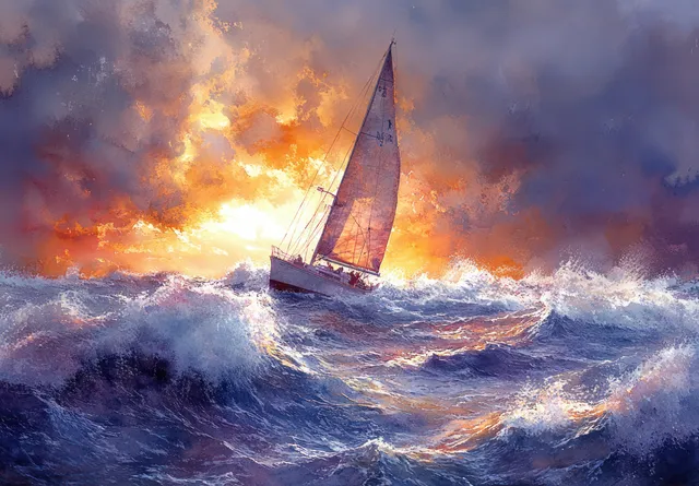 Watercolor sailboat with a tilted mast steers through foamy storm waves beneath dark clouds.
