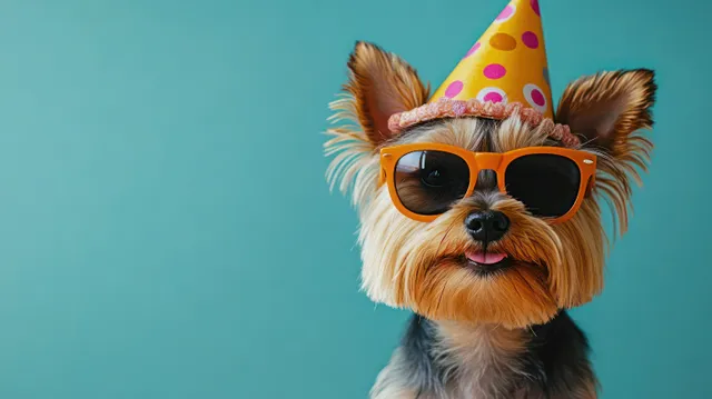 Small dog wearing orange sunglasses and a colorful party hat against blue backdrop