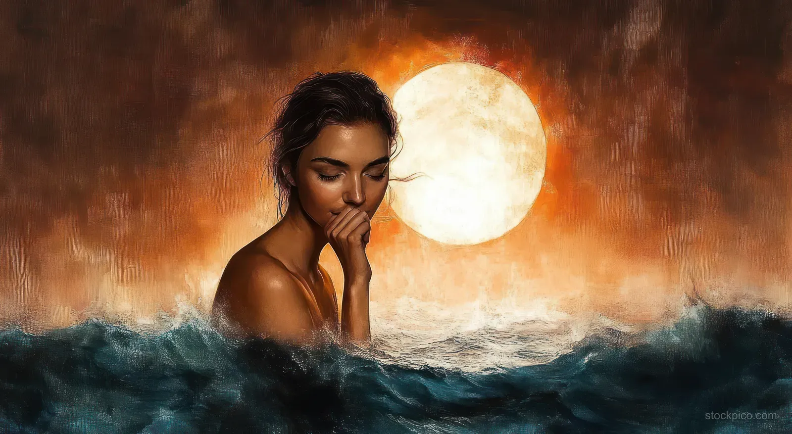 A contemplative woman emerges from churning ocean waves with a glowing sun-moon behind her in a warm smoky sky.
