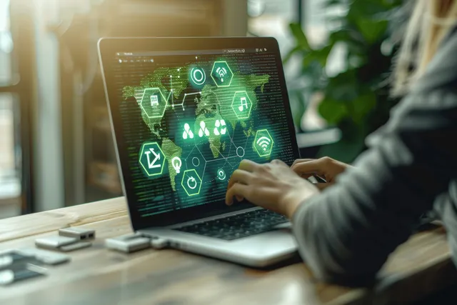 A person uses a laptop displaying a glowing carbon emissions dashboard with reduction metrics.