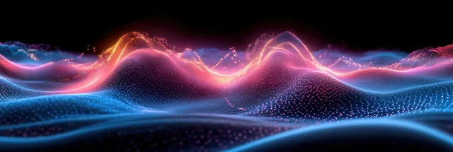 Neon light waves and particles ripple across a dark abstract quantum matrix.