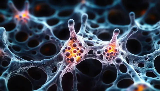 Microscopic neuron-like cells with glowing orange synapse clusters connected by translucent web fibers