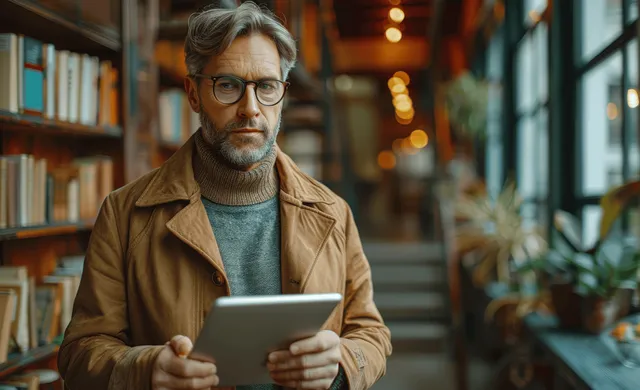 Mature man with glasses holding a tablet and reading in a warmly lit library corridor with shelves and bokeh.