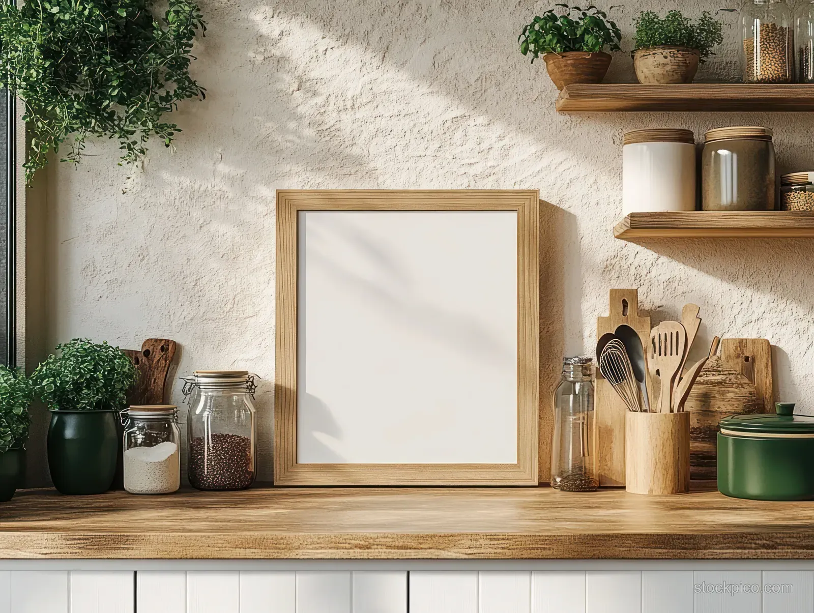 Blank wooden picture frame centered on a kitchen shelf with wooden utensils and glass jars beside it.