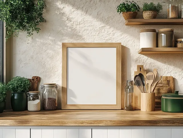 Blank wooden picture frame centered on a kitchen shelf with wooden utensils and glass jars beside it.