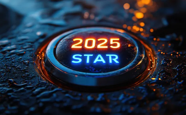 A glowing blue 2025 STAR start button icon with orange sparks on a dark textured surface.