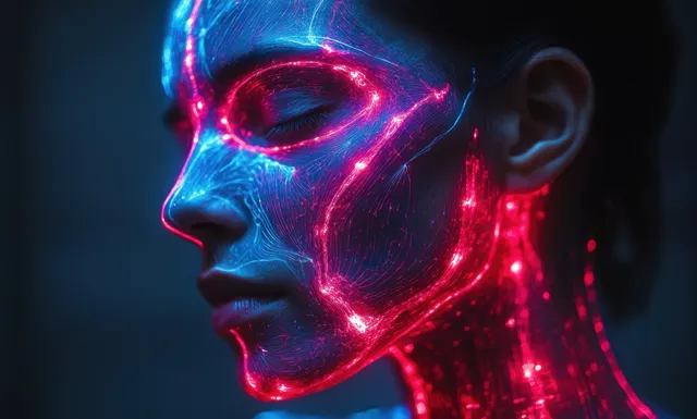 Side-profile head and neck medical illustration with neon glowing lines highlighting the scapula and shoulder.