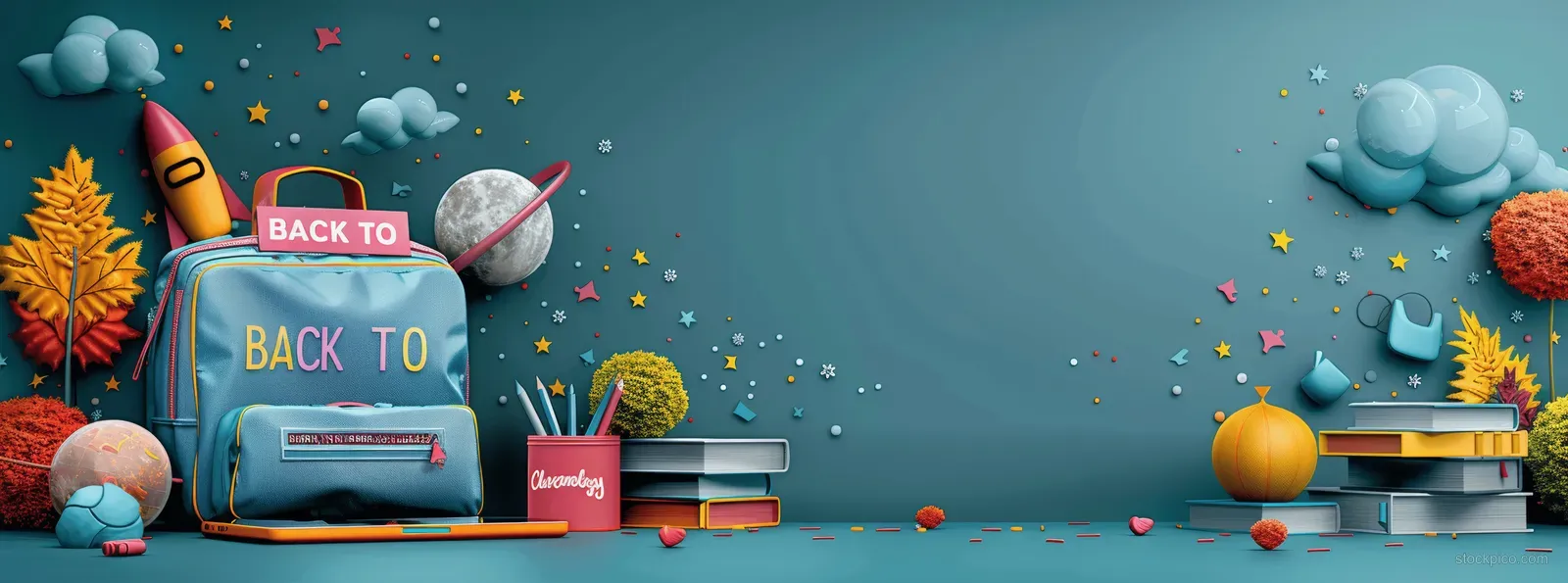 Backpack, laptop, and books arranged on a table over a blue back to school background with confetti and space for text.