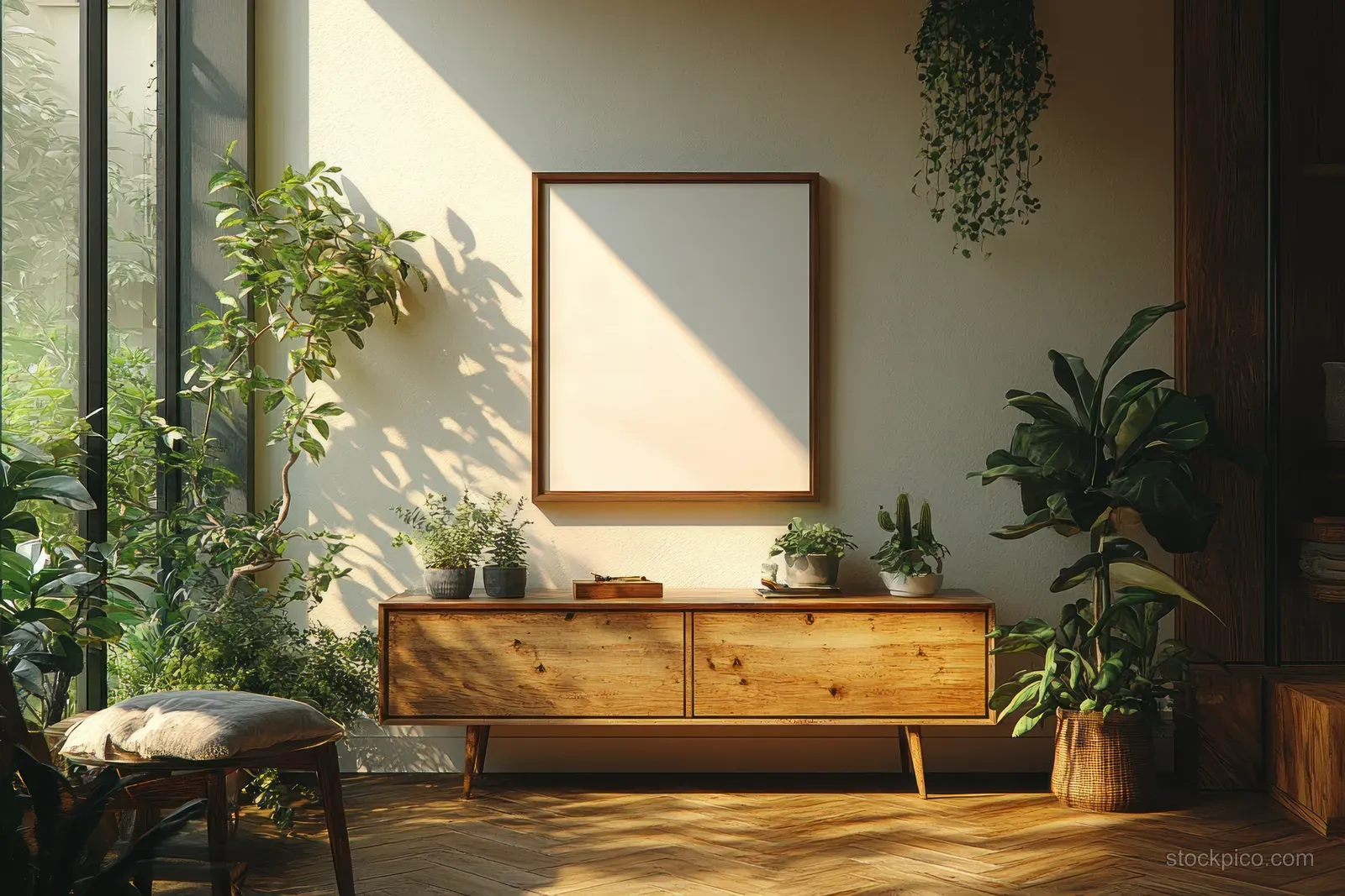 Blank framed artwork hangs above a wooden sideboard in a sunlit minimalist Scandinavian living room.