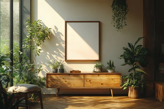Blank framed artwork hangs above a wooden sideboard in a sunlit minimalist Scandinavian living room.