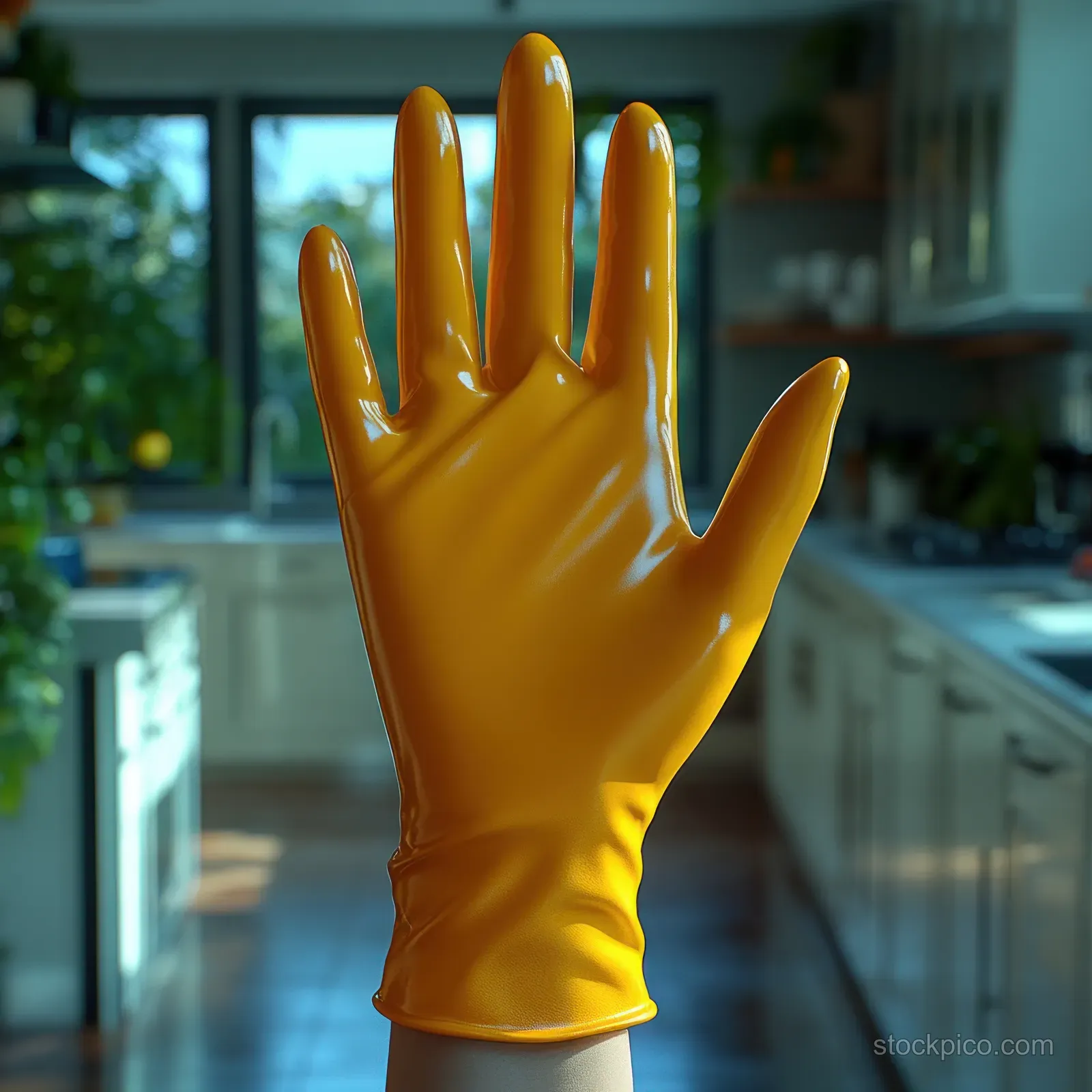 A bright yellow latex cleaning glove is held up in a modern kitchen with a softly blurred background.