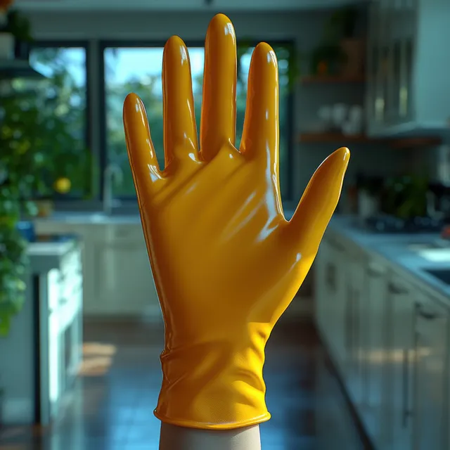 A bright yellow latex cleaning glove is held up in a modern kitchen with a softly blurred background.