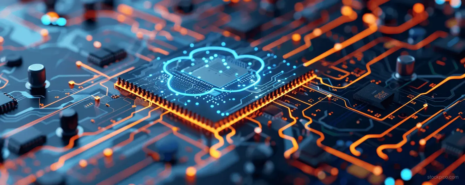Glowing blue cloud security icon centered on a dark circuit board with orange encryption lines.