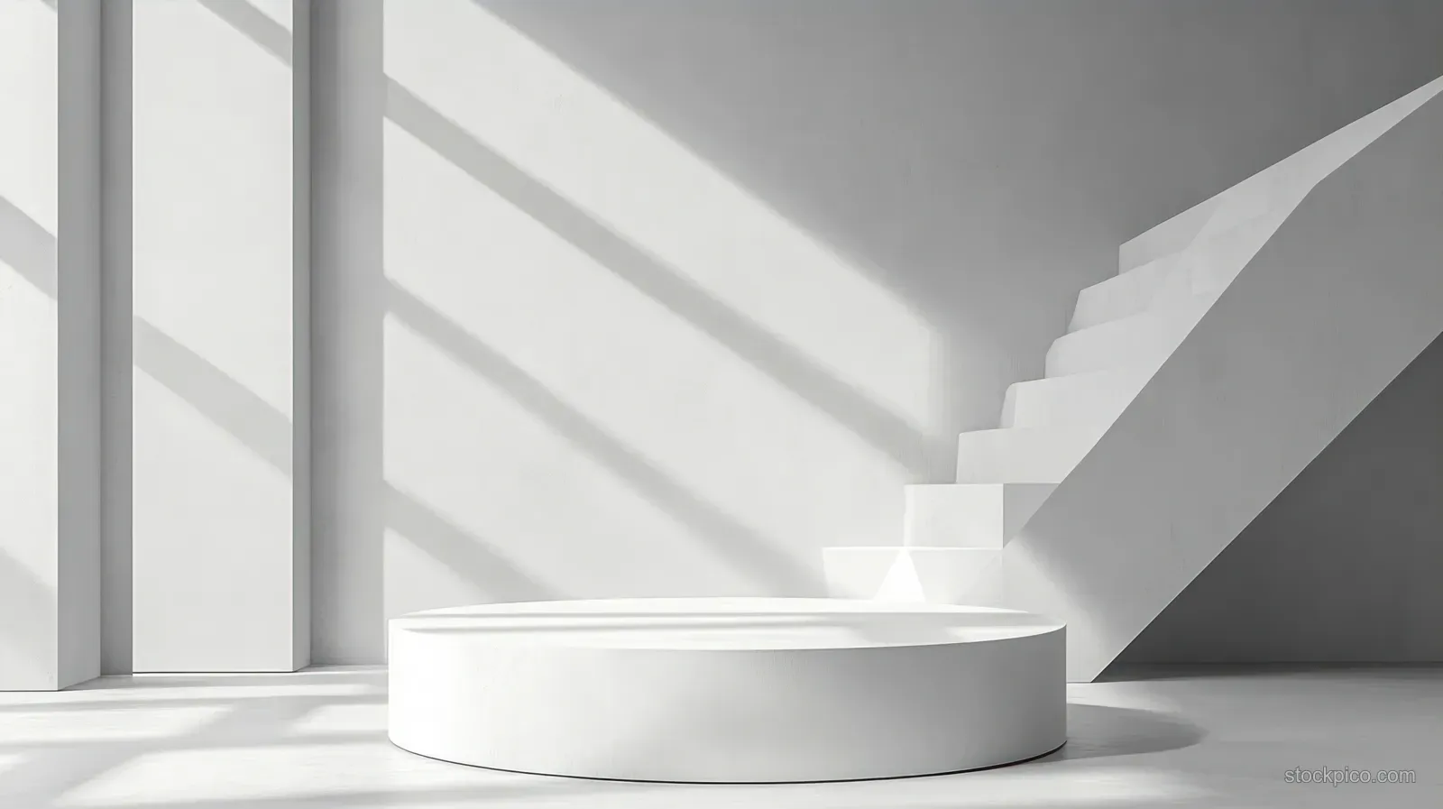 White minimalist interior with a round platform and staircase as sunlight forms diagonal shadows across smooth walls.