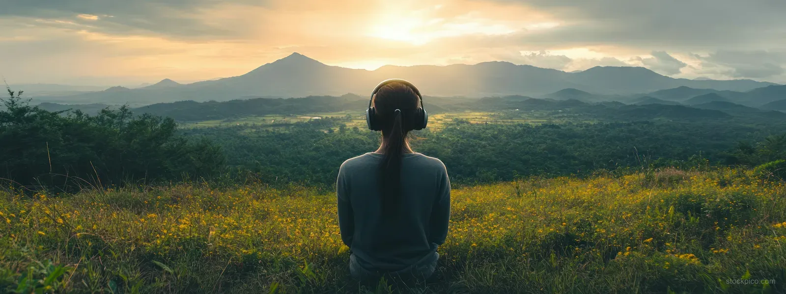 A woman wearing headphones sits in a grassy field at golden hour, looking over distant mountains.