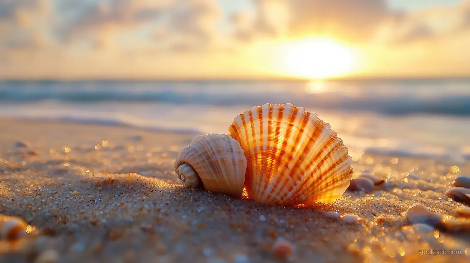 A seashell on sandy beach at sunset with warm light, blurred shoreline waves, and gentle bokeh.
