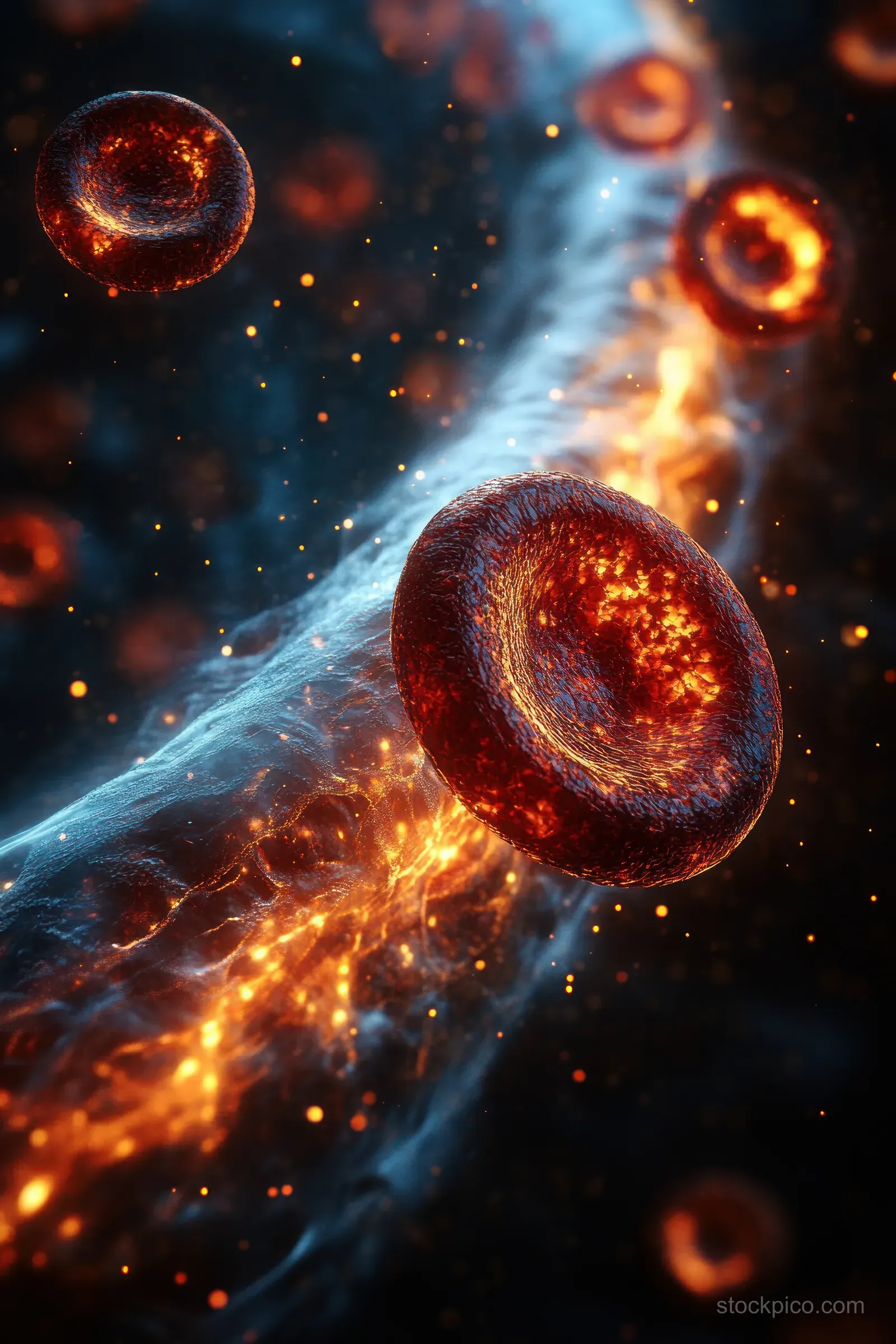 Glowing red blood cells flow along a dark vein with bright white immune cells and scattered particles.