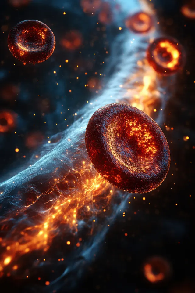 Glowing red blood cells flow along a dark vein with bright white immune cells and scattered particles.