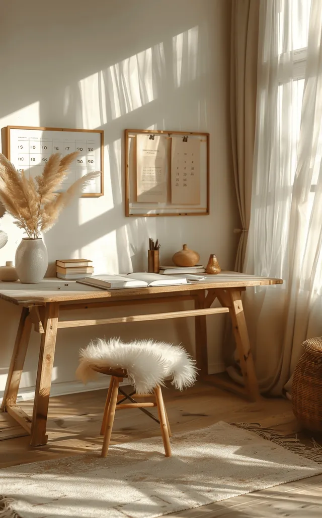 Sunlit Scandi-boho desk setup with frames, calendar, chair, bird toy, and pampas grass vase by sheer curtains.