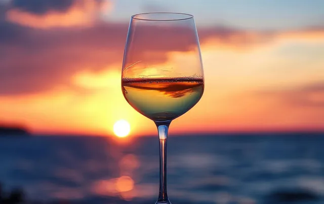 A close-up wine glass with amber liquid reflects a vivid sunset over a calm ocean horizon.