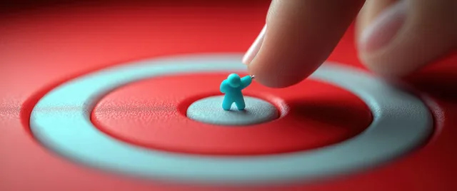 A fingertip selects a small human icon within a red bullseye target on a soft gradient background.