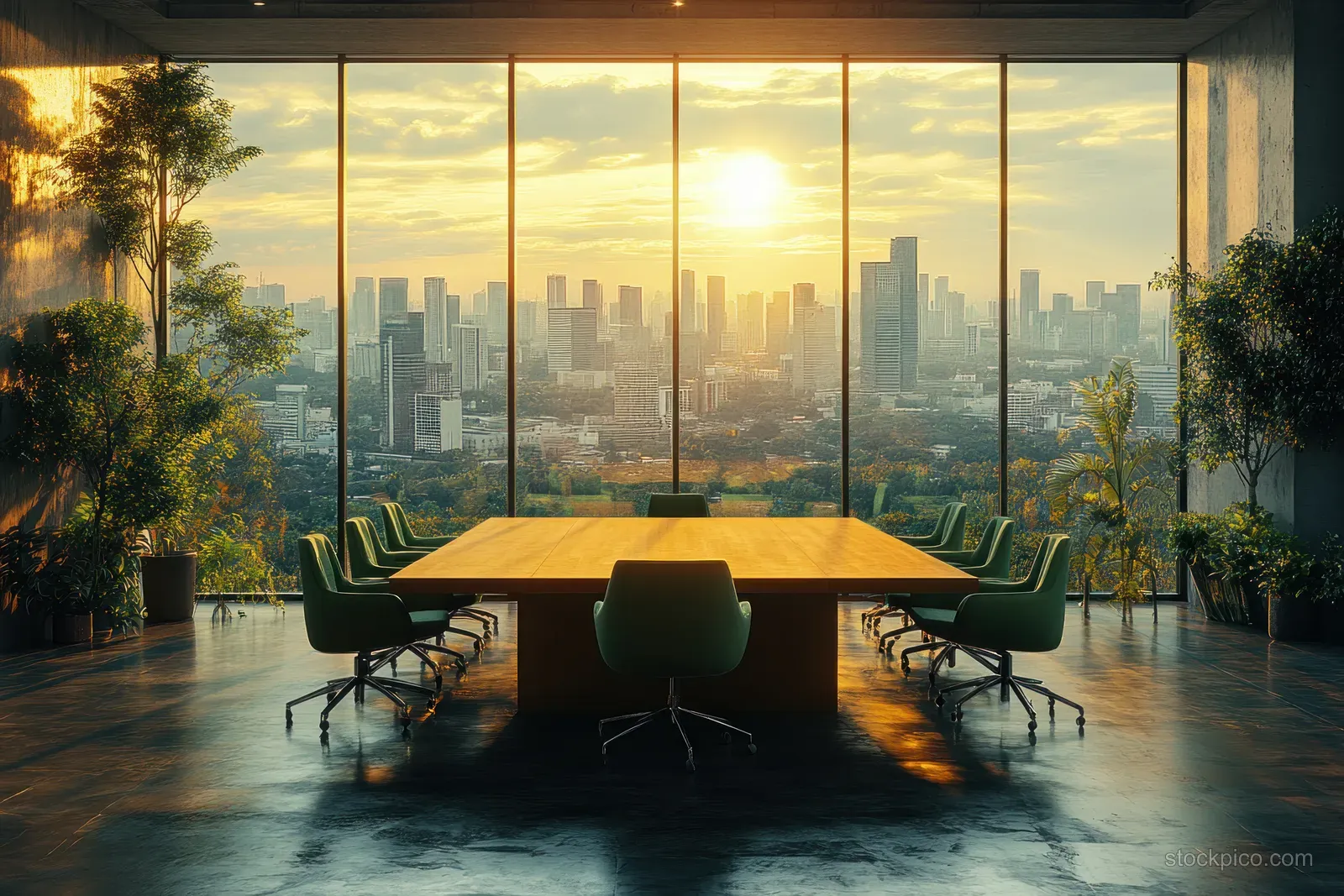 Green chairs surround a wooden conference table in a minimalist room with floor-to-ceiling windows overlooking a sunset skyline.