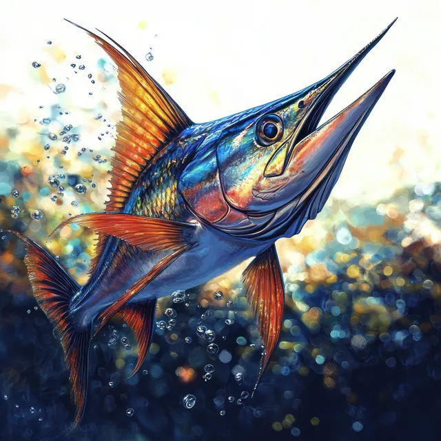 A vibrant close-up portrait of a blue marlin in motion, showcasing detailed scales and fins with dramatic backlighting.