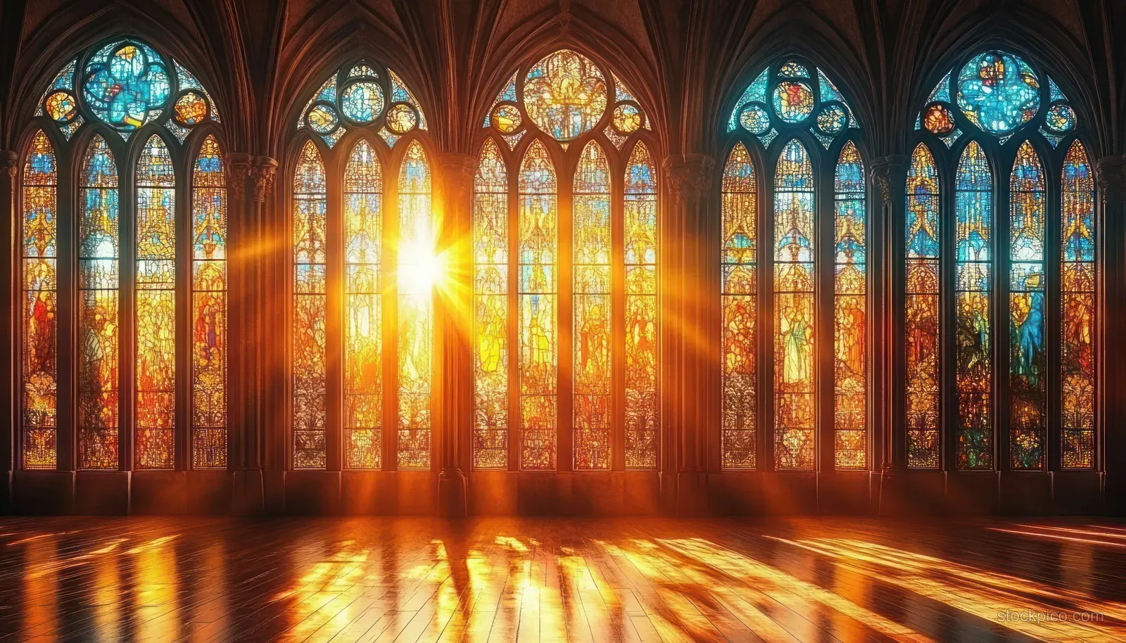 A Gothic cathedral interior with stained-glass windows glowing and colorful light reflections across the stone floor.