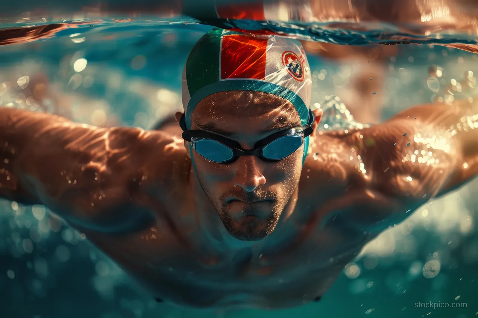 Male swimmer performs butterfly stroke in a pool, wearing a Hungarian flag swim cap amid splashing water.