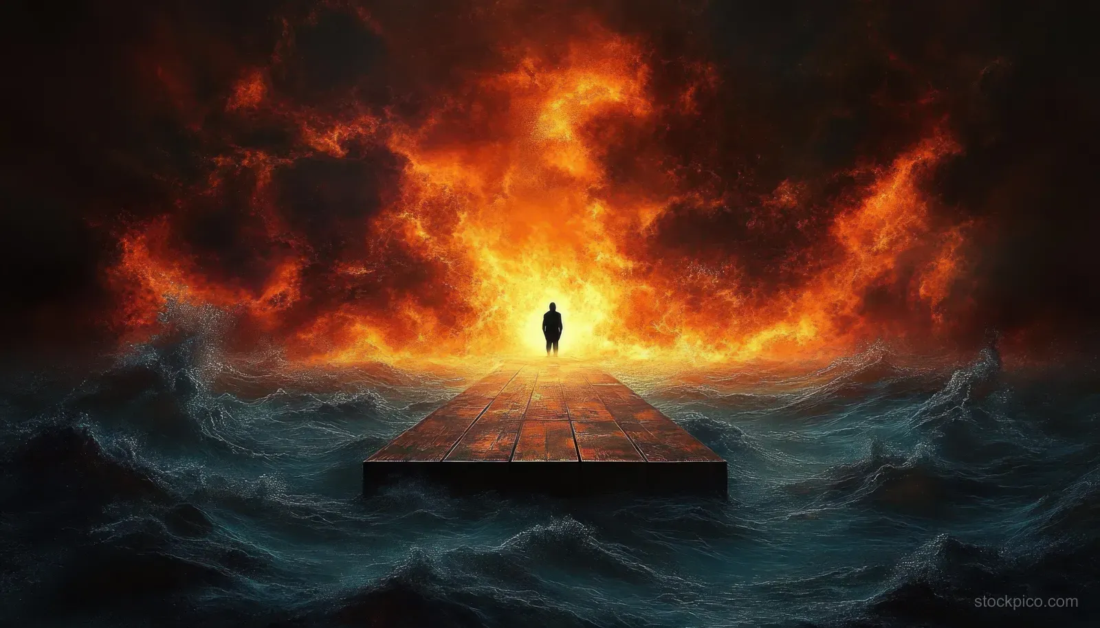 A lone silhouette stands on a wooden pier amid churning dark waves beneath a blazing fiery orange storm sky.