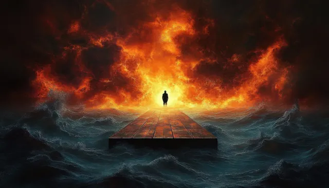 Silhouette stands on wooden pier as fiery storm sky erupts above turbulent ocean waves