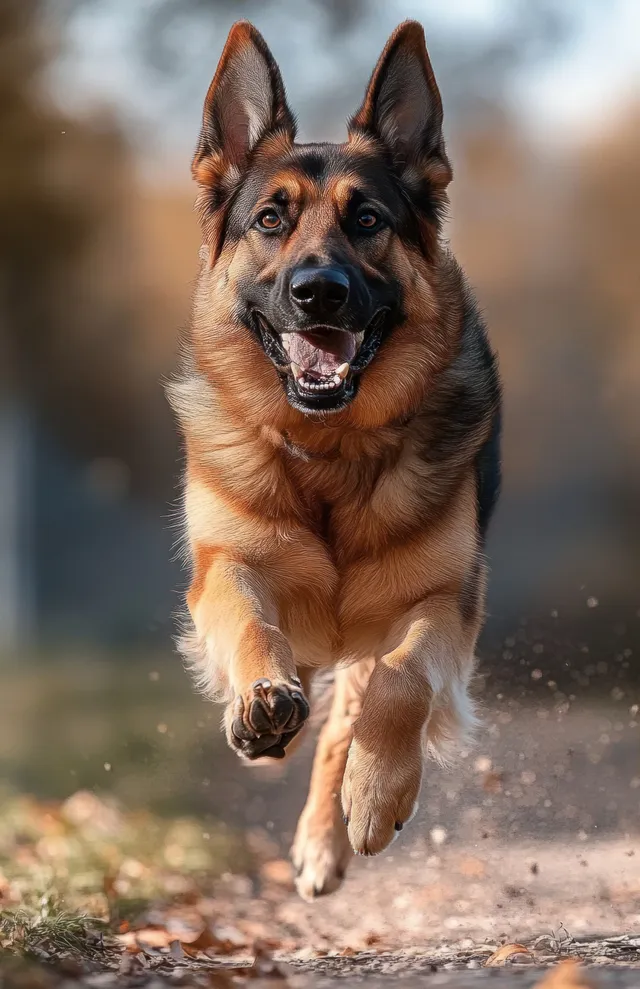 A German shepherd runs toward the camera on a dirt path with tongue out and a blurred natural background.