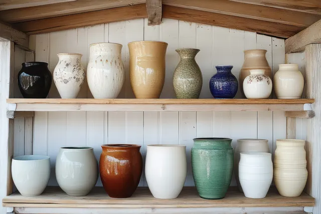Glazed ceramic vases and pots of different colors sit on two wooden shelves inside a rustic room.