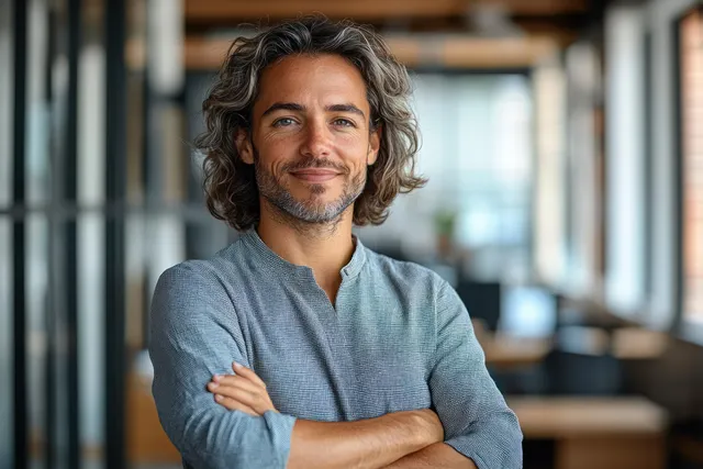 Smiling middle-aged business executive with arms crossed in modern office hallway
