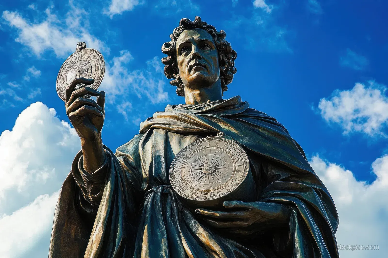 Low-angle view of a bronze Nicolaus Copernicus statue in Toruń, holding a celestial instrument under blue clouds.