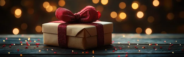 Christmas gift box with red ribbon on rustic table under golden bokeh lights