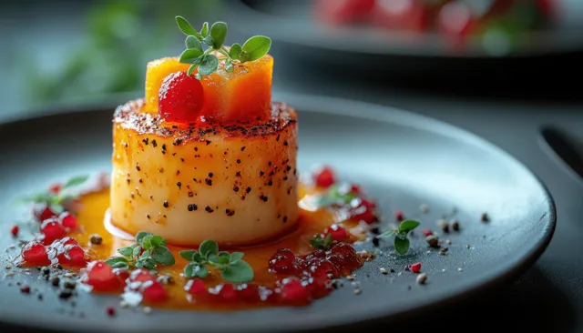Seafood pasta plated by a chef on black stone with garnish and shallow depth