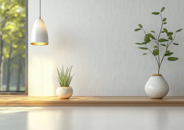 White desk lamp hanging above a minimalist shelf with two ceramic pots holding green stems.
