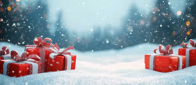 Red wrapped Christmas gift boxes rest on snow beneath sparkling lights and soft falling bokeh.