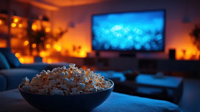 A bowl of popcorn on a table while a living room TV plays in the background during movie night.