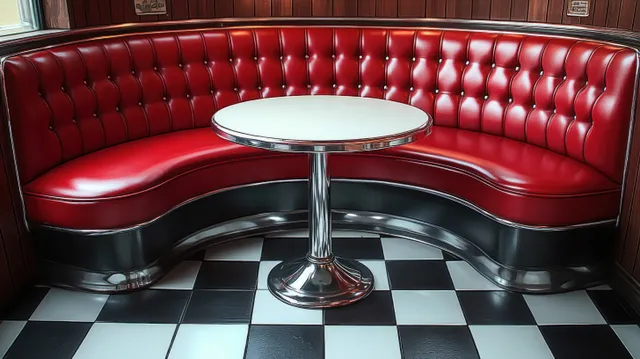Red leather booth seating curves around a round white tabletop with chrome base on a black-and-white checkered floor.